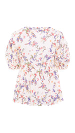 EMMA - Floral print v-neck mesh top with cntrast bust tie detail
