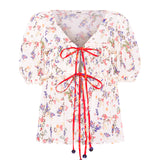 EMMA - Floral print v-neck mesh top with cntrast bust tie detail