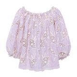 LUNE - Ruffled puff sleeve top with ivory floral embroidery