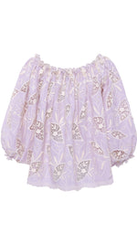 LUNE - Ruffled puff sleeve top with ivory floral embroidery