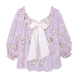 LUNE - Ruffled puff sleeve top with ivory floral embroidery