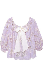 LUNE - Ruffled puff sleeve top with ivory floral embroidery
