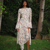 YASMY - Floral print asymmetric ruffled maxi dress