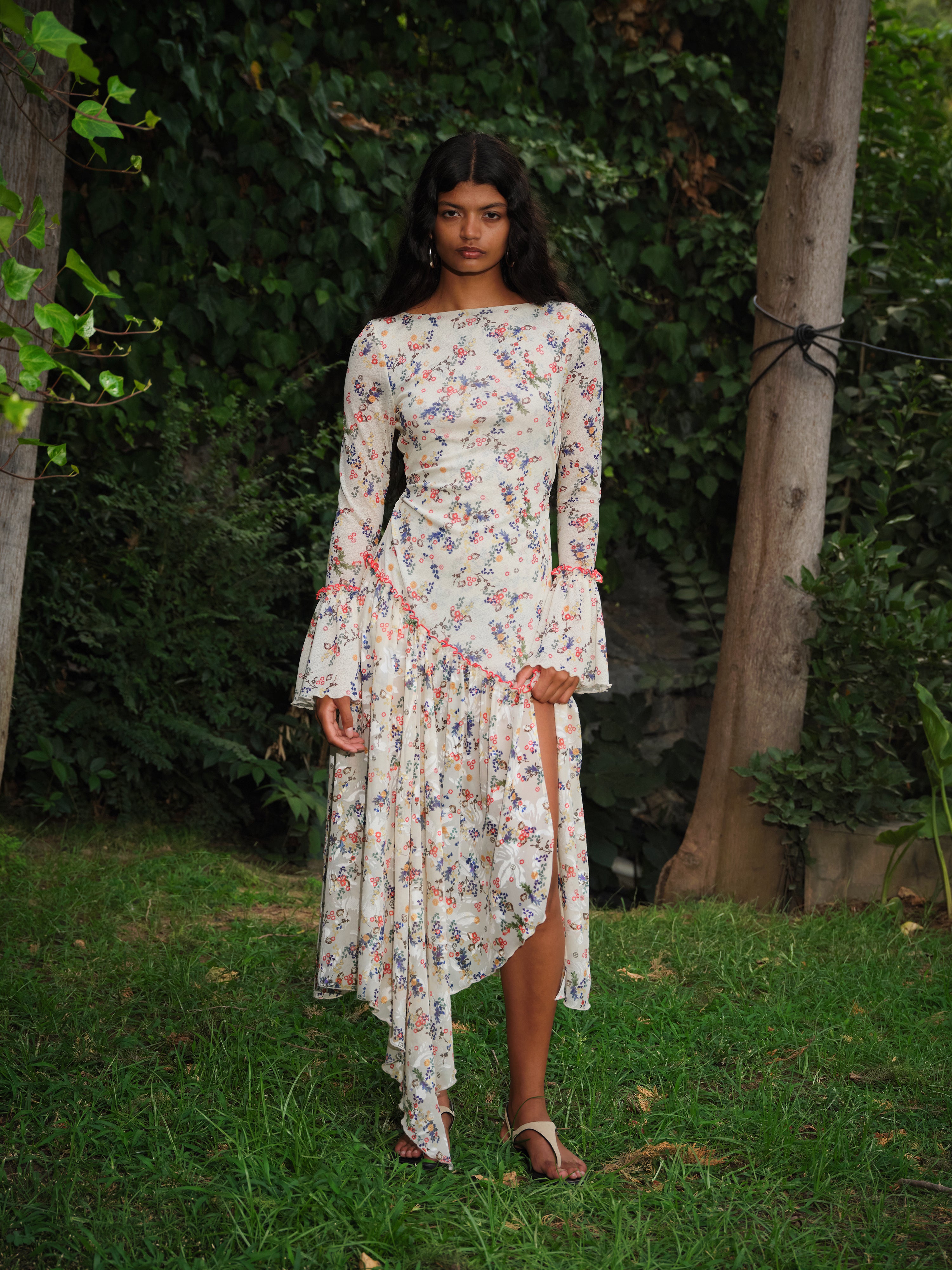 YASMY - Floral print asymmetric ruffled maxi dress
