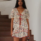 EMMA - Floral print v-neck mesh top with cntrast bust tie detail