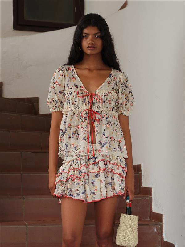 EMMA - Floral print v-neck mesh top with cntrast bust tie detail