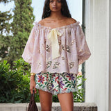 LUNE - Ruffled puff sleeve top with ivory floral embroidery