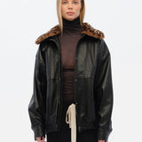 BERNIE - Oversize leather bomber jacket with detachable animal-print shearling collar