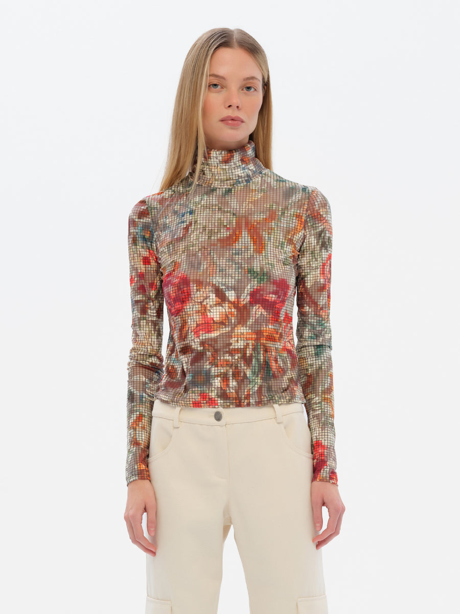 MON - Long sleeve floral-print devoré turtleneck top