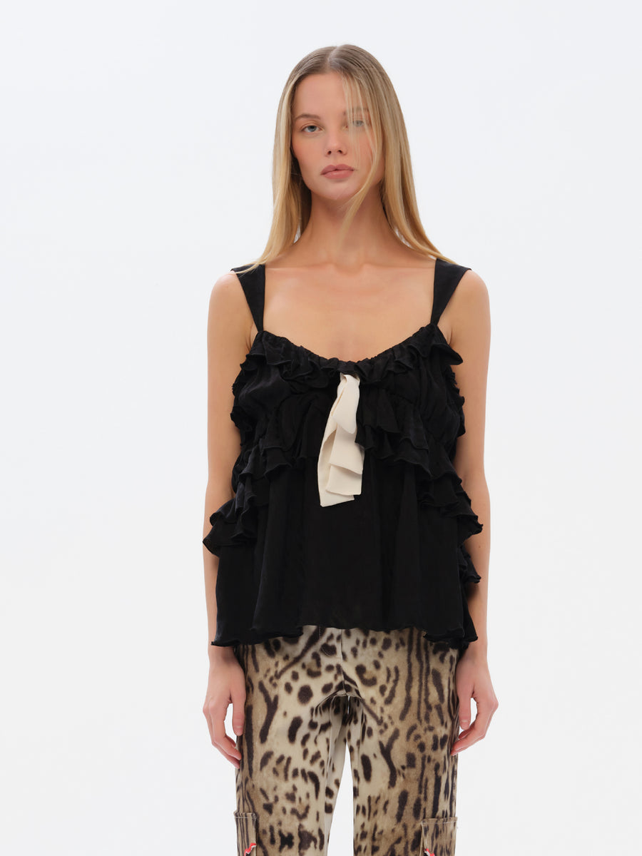 MANOLIAS - Ruffle and bow detailed jaquard top