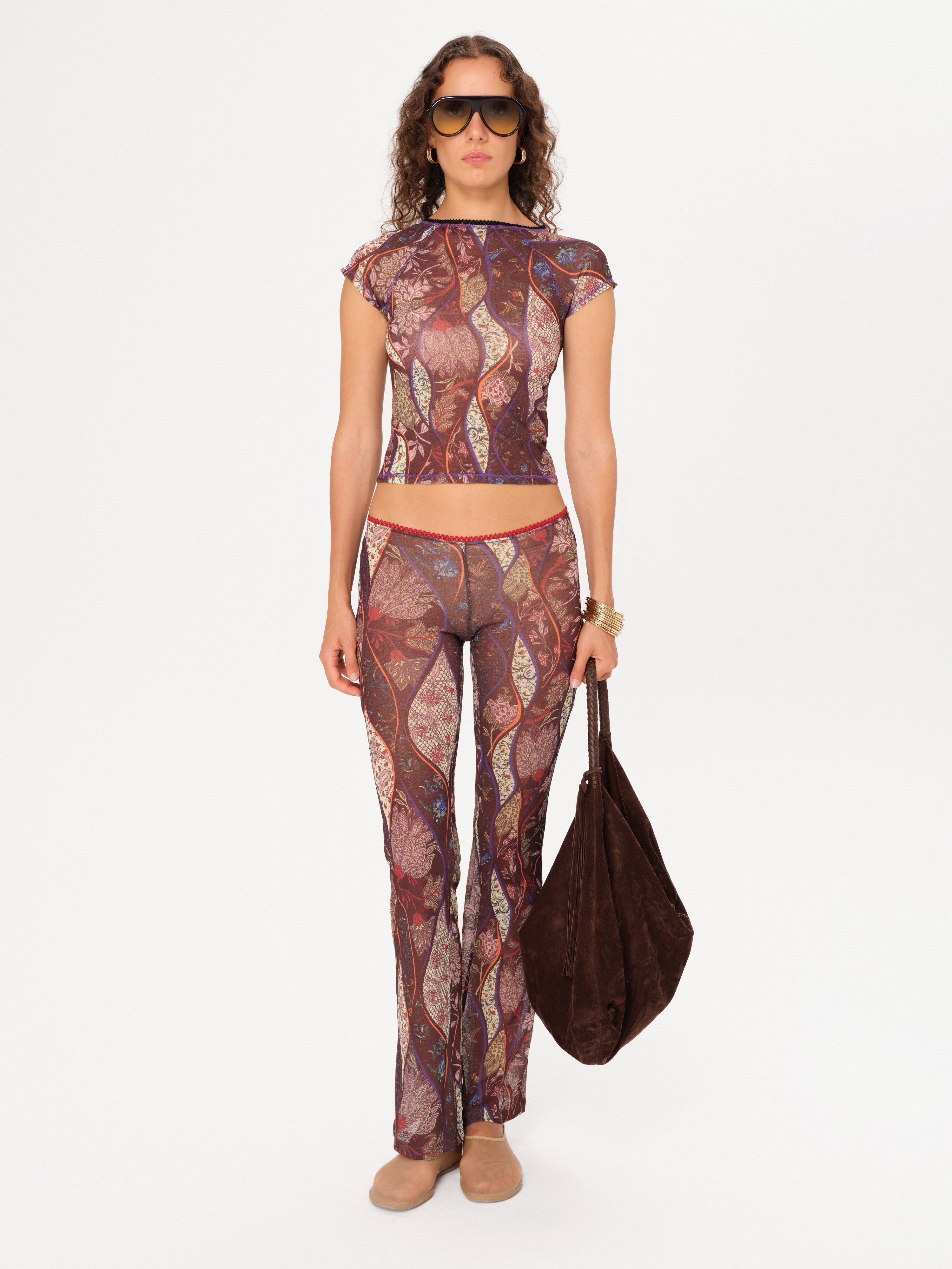 DORA - Contrast-stitched printed semi-sheer t-shirt