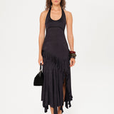 LUNN - Halterneck ruffled midi dress with front slit