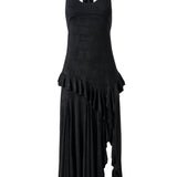 LUNN - Halterneck ruffled midi dress with front slit