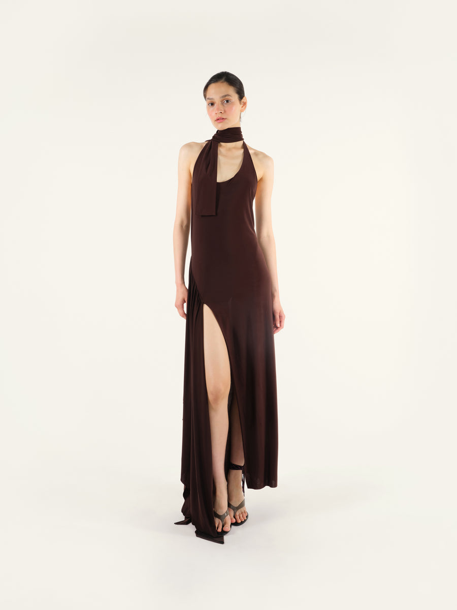 CEYL - Halterneck asymmetric jersey dress with slit and bodysuit